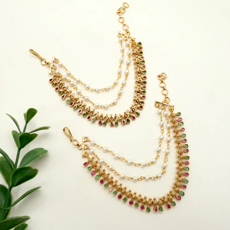Antique Nagas AD Tilak Drops 3 Layer Bridal Earchain
